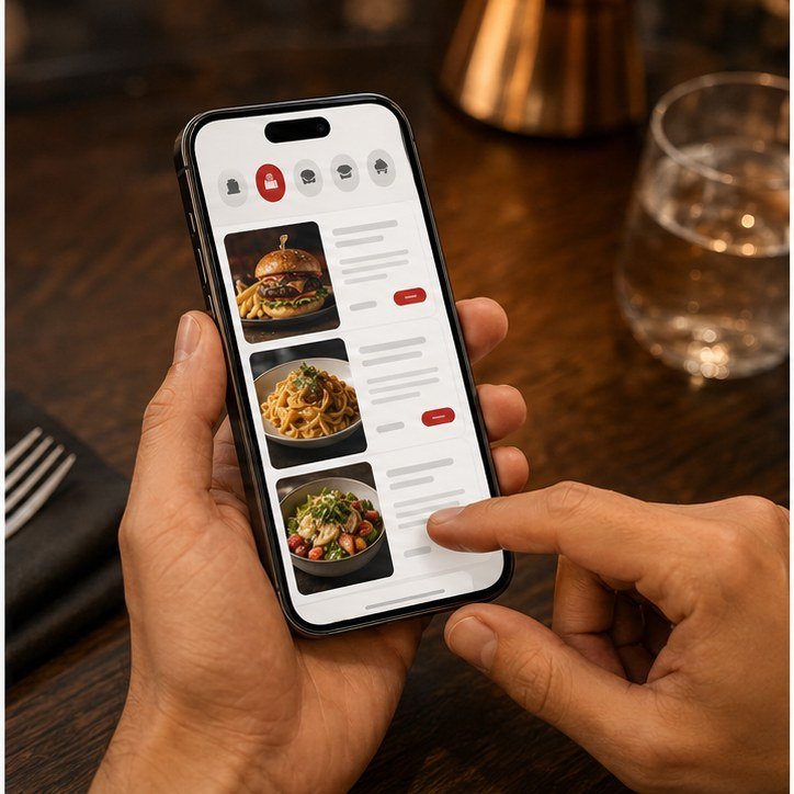 Menu digjitale me kategori dhe foto në telefon